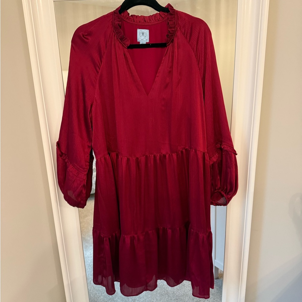 CeCe Burgundy Tiered V-Neck Long Sleeve Dress